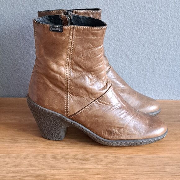 Camper Women’s Brown Leather Ankle Boots Sz 37 Block Heel Crepe Sole Booties - Picture 13 of 14